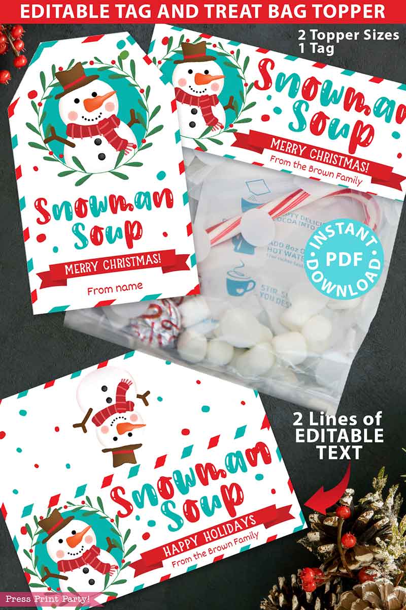 snowman soup christmas treat bag toppers and tag - press print party!